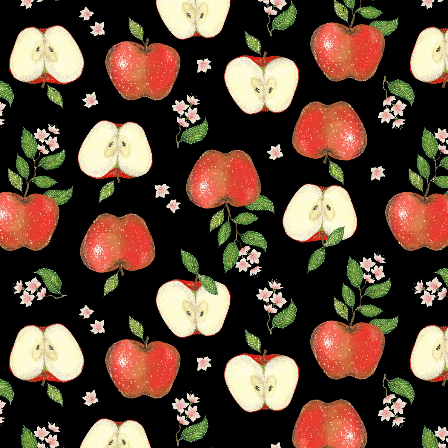 Just Fruit Apples Black Quilting Cotton Fabric Connecting Threads
