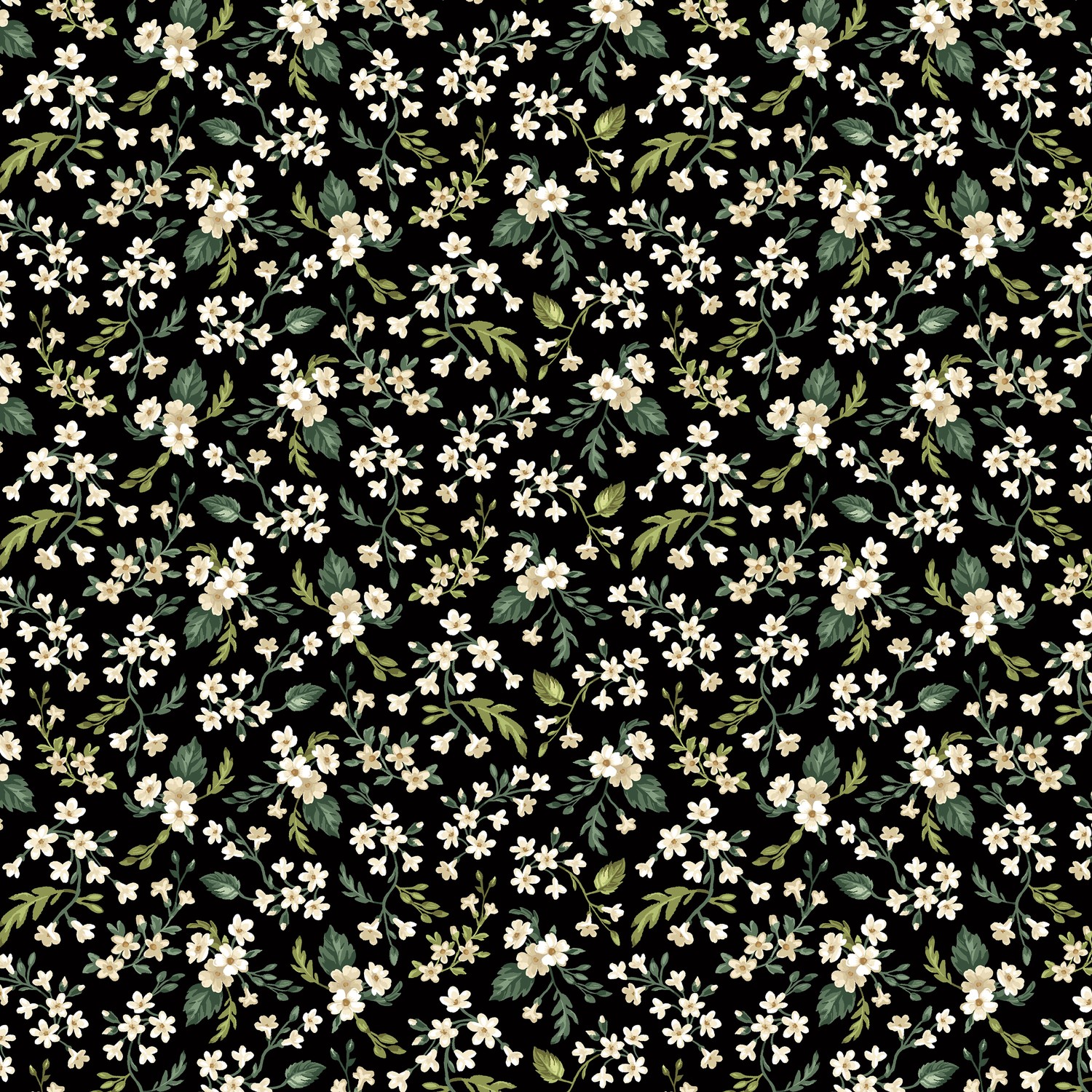 Evening Stroll Sweet Alyssum Black Quilting Cotton Fabric
