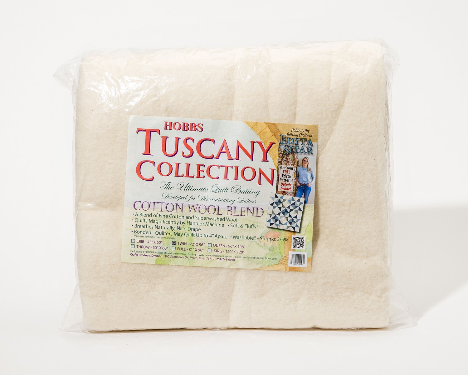 Hobbs Tuscany Supreme 100% Unbleached Natural Cotton Batting Twin 72in x 96in