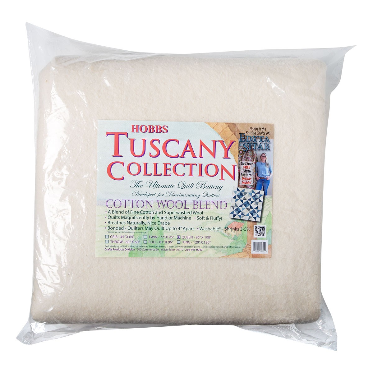 Hobbs Batting Tuscany Bleached Cotton 96in x 108in Queen