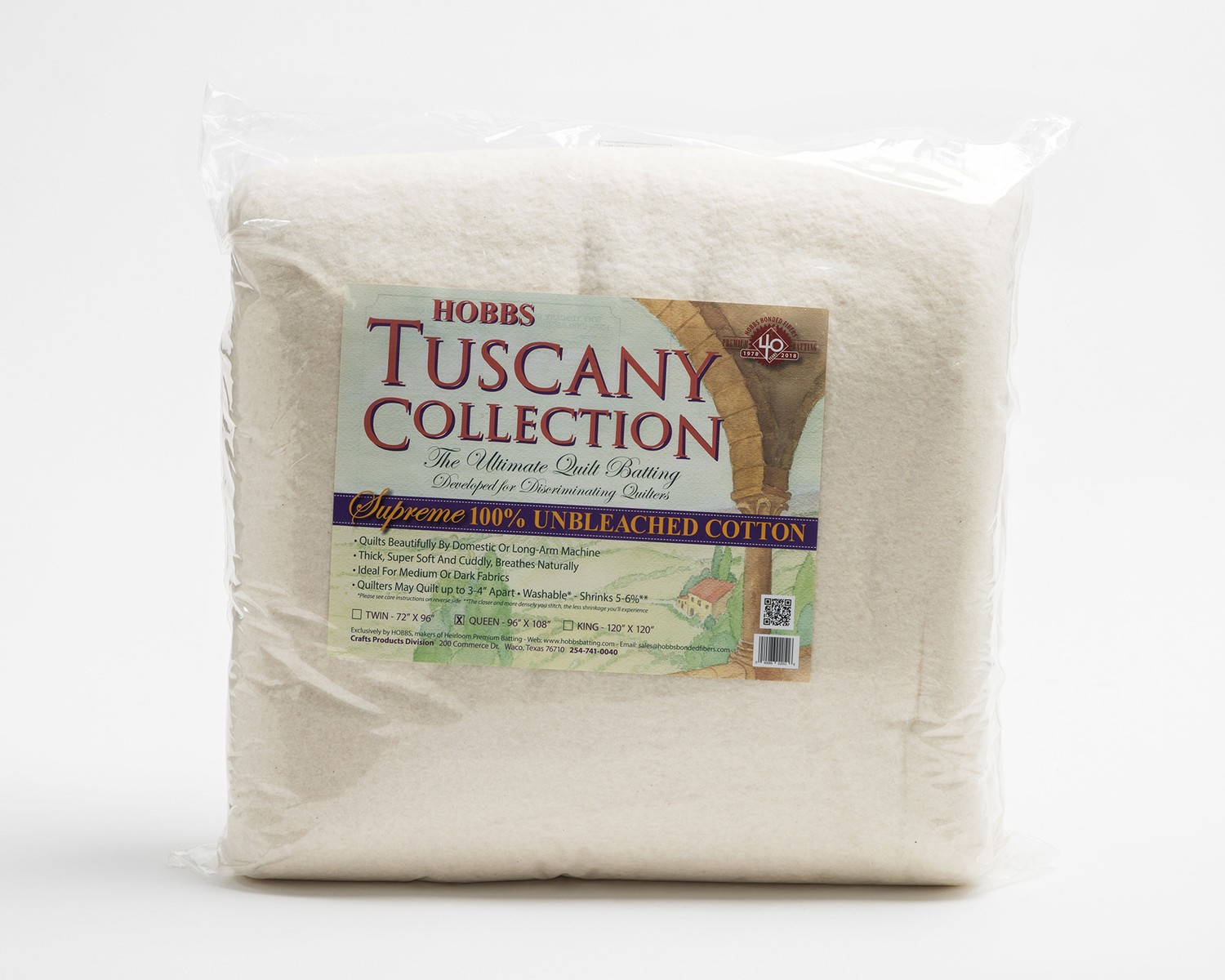 Hobbs Tuscany Supreme 100% Unbleached Natural Cotton Batting Twin 72in x 96in