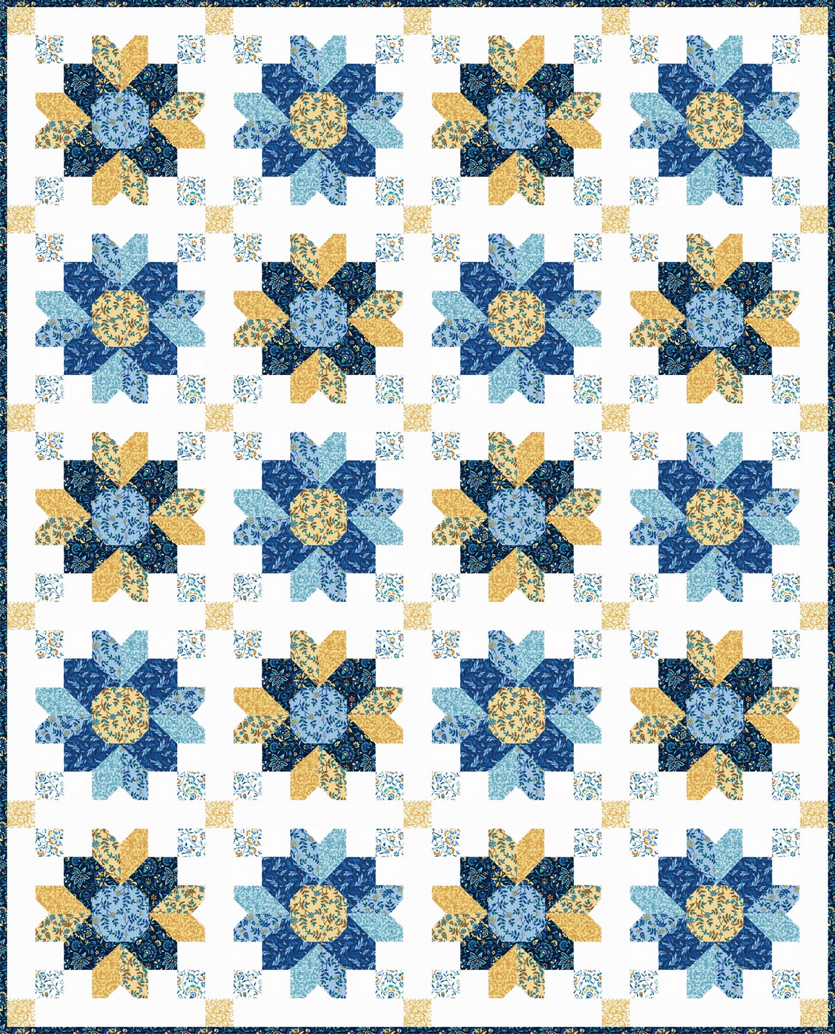 A Walk in the Park Blooming Blue Yellow Quilt Kit Connecting Threads