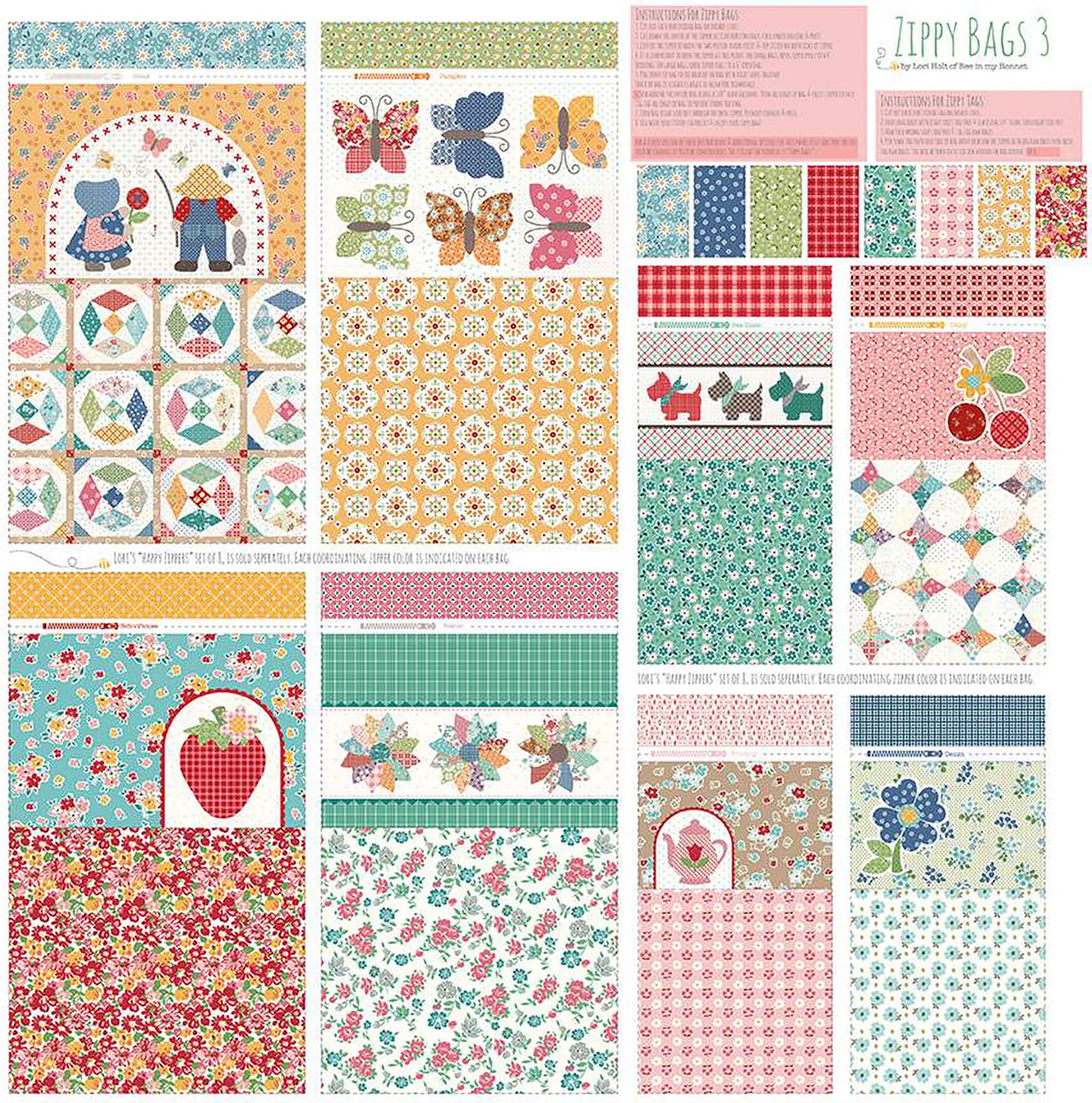 Prairie Home - Zippy Bags 3 Project Panel & Happy Zippers 2 Kit