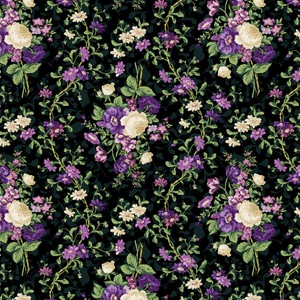 Perennial Garden Cabbage Rose Black Quilting Cotton Fabric Yardage