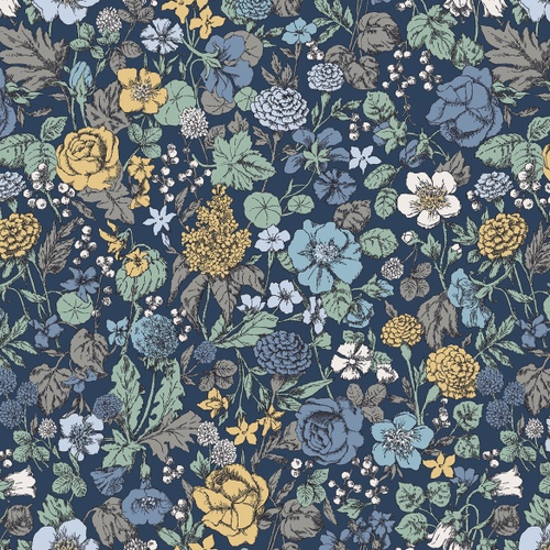 Image of Tranquil Blume Grand Bouqs Ocean Blue Quilting Cotton Fabric Yardage