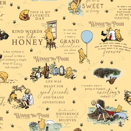 Image of Winnie the Pooh Main Sunshine Yellow Quilting Cotton Fabric Yardage