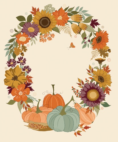 Image of The Awe of Autumn Wreath Cream Quilting Cotton Fabric Panel